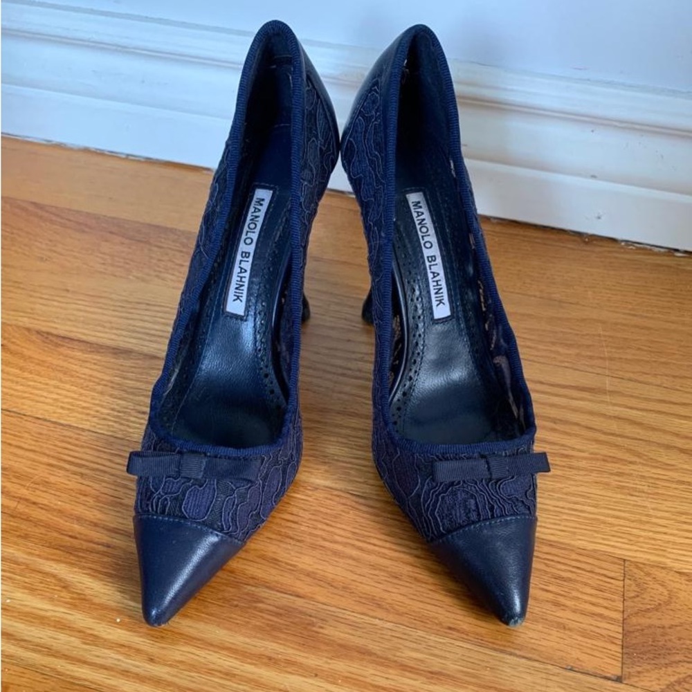 Manolo Blahnik navy lace and leather heels